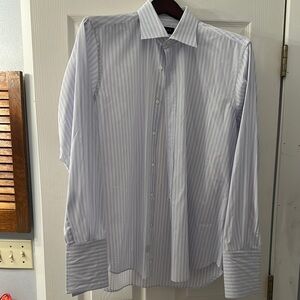Canali Blue and White Striped Dress Shirt with Pointed Collar
